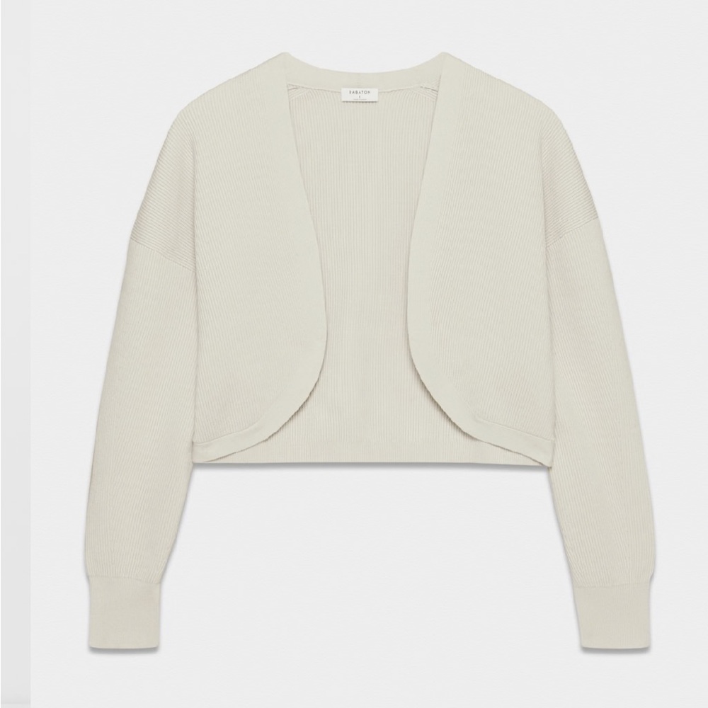 Babaton Cropped Open-Front Ribbed Cardigan in Light Beige